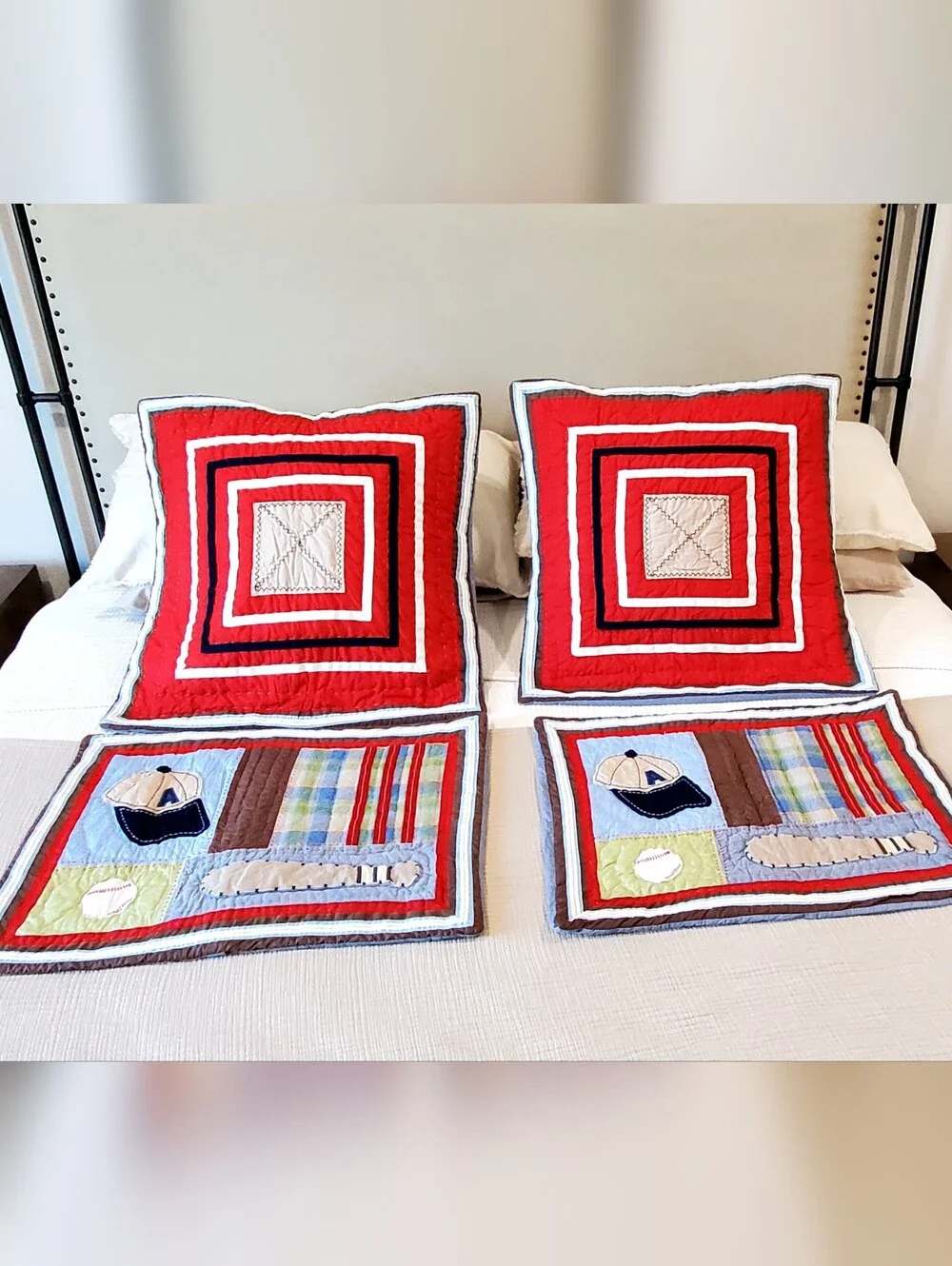 Pottery Barn Kids Varsity Baseball Patchwork Quilted Sham Set Of 4, EUC
